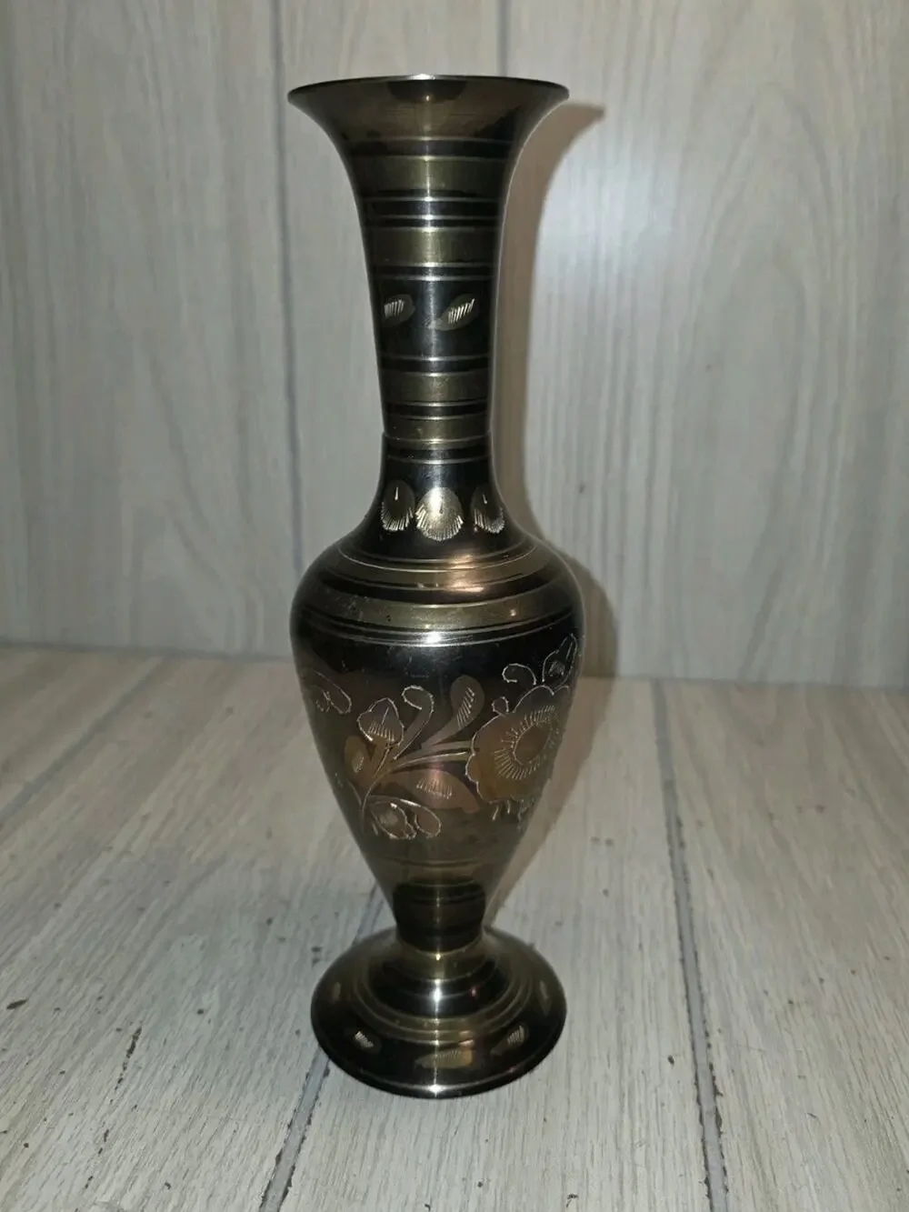Antique Vtg Brass Hand Etched Engraved Vase Floral India Hollywood Regency 10